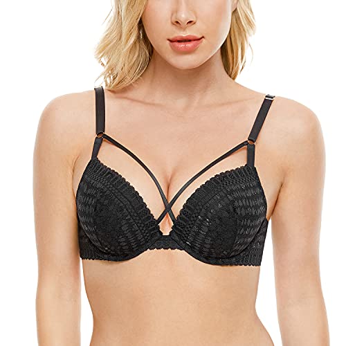 Deyllo Women´s Comfy Push Up BH Spitze BH Gepolsterter Bügel BH Lift Up Fügen Sie eine Tasse hinzu(Schwarz,80B) Cover