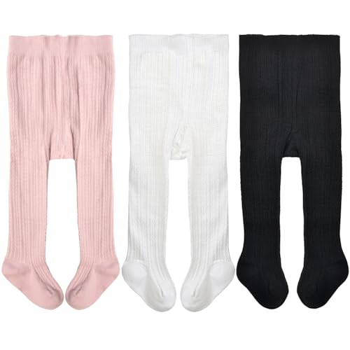 Image of EPEIUS Baby Girl Tights Cable Knit Cotton Seamless Footed Leggings 0-6Y | STAY-UP BABY TIGHTS. High elastic waist, smooth toe. Fits 0-3m newborn, infant & toddler. Ideal for daily wear & dresses.