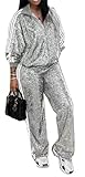 Womens Sexy 2 Pieces Sequins Zipper Jackets Bodycon Pants Party Clubwear Tracksuit Outfits Sweatsuit Set Silvery