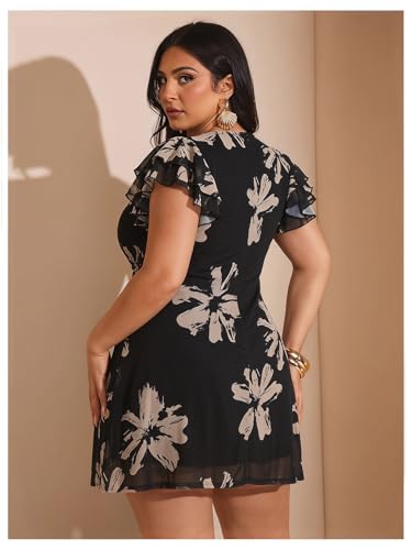 Image of BEAUDRM Women's Plus Size Cocktail Floral Short Dress Deep V Ruffle Short Sleeve Bodycon Mesh Wedding Guest Party Dresses