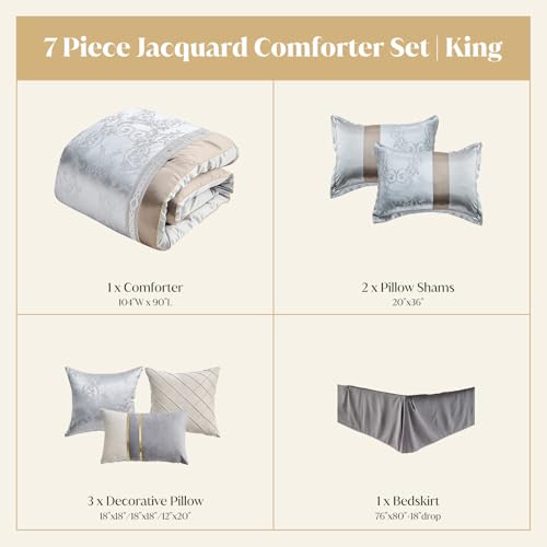 Image of CozyDH Silver Grey Comforter Set King Size - Luxury 7 Piece Light Gray Jacquard Damask Silky Bed in a Bag, Modern All Season Down Alternative Bedding with Bed Skirt, Shams, Decorative Pillows