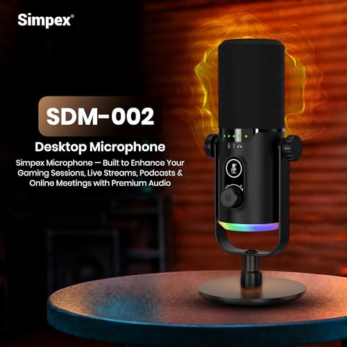 Image of Simpex (SDM-002 USB /XLR Dynamic Podcast Microphone with RGB Lighting, Gain & Mute Control, Desk Stand for PC for Podcasting, Gaming, Streaming, Recording, Focused Recording Pure Sound no Noise