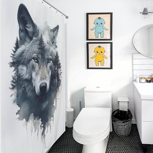 Rideau de douche loup imperméable en polyester résistant avec 12 crochets
