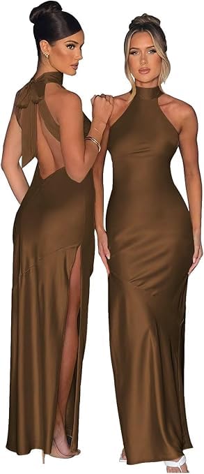 Satin-Abschlussballkleid, Neckholder, rückenfrei, Brautjungfernkleid, formelles Abendkleid, Partykleid, lang mit Schlitz, braun, M