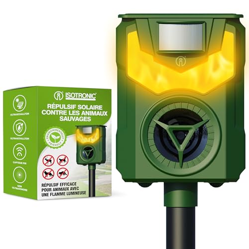 ISOTRONIC Répulsif solaire pour animaux sauvages avec fréquence et lumière de flamme pour repousser les ratons laveurs, cerfs, renards et sangliers -...