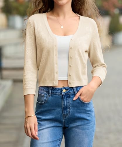 Image of Belle Poque Womens Summer Cropped Cardigan Sweaters Lightweight Crochet Bolero Shrugs 3 /4 Sleeve Button Down V Neck Cardigans