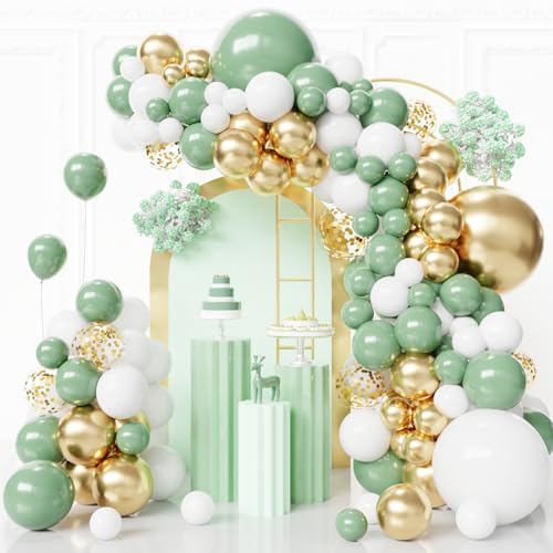 Image of Sage Green Balloons Arch Kit,130pcs Gold Balloon Garland,Different Sizes 18 12 10 5 Inch Green and White Latex Balloons for Birthday Baby Shower Gender Reveal Wedding Party Decoration