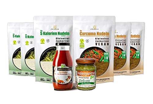 ALGEN NUDELN (nur 5kcal - 10kcal pro 100g) | 1x Kirschtomatensauce Siciliana 250g | 1x Bruschetta mit Zucchini 90g | VEGANE BOX | fertige Sauce und Bruschetta Cover