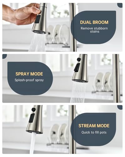 DAYONE 2 Handle Kitchen Faucet with Pull Down Sprayer, 4 Holes Sink Faucets for Kitchen/RV with Soap Dispenser Stainless Steel, Brushed Nickel