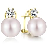 Pendientes Perla Mujer Plata de ley 925 Pendientes de Botón con Perlas Circonitas Diamantes Joyas Regalos para Mujeres Novias Bodas 12 mm Perla Blanca Bañado en Oro