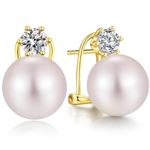 Pendientes Perla Mujer Plata de ley 925 Pendientes de Botón con Perlas Circonitas Diamantes Joyas Regalos para Mujeres Novias Bodas 12 mm Perla Blanca Bañado en Oro