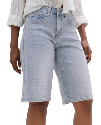 Voghtic Full Rhinestone Bermuda Shorts - High Waist Light Wash