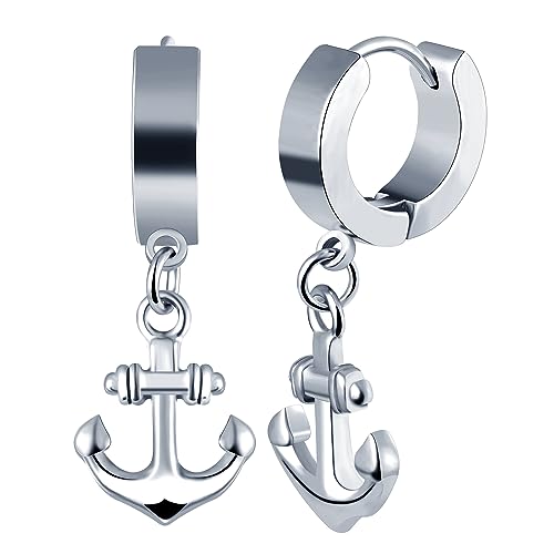 INFINIONLY Boucles d'oreilles Pendantes d'Ancre en Acier Inoxydable pour Homme Femme Créoles Boucles d'oreilles Ancre Fantaisie Bagues d'Oreilles Mode, Argent