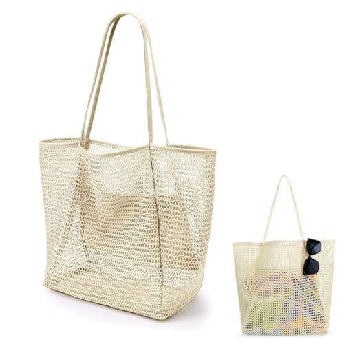 OHREN Bolso de Playa XL Familia, Accesorios para Vacaciones, Malla Compacto Beach Bag, Bolso Ligero con Bolsillo Interior Cremallera, Shopper para Mujeres, Ideal para el Verano y Días de Playa (Beige)