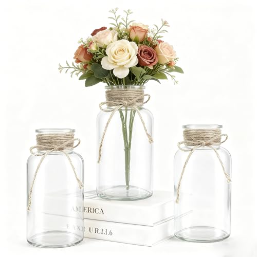 LEYIQU 3 Pack Mason Jar Vases for Centerpieces Clear Glass Flower Vase