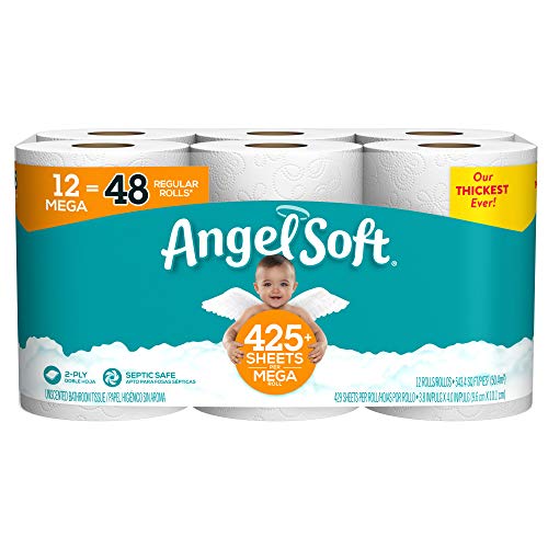 Angel Soft Toilet Paper, 12 Mega Rolls = 48 Regular Rolls, 425+ 2-Ply Sheets Per Roll