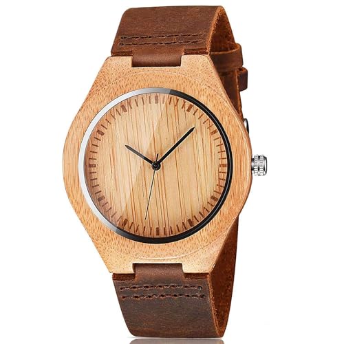 CUCOL Mens Wooden Watches Brown Cowhide Leather Strap Casual Watch for Groomsmen Gift with Box