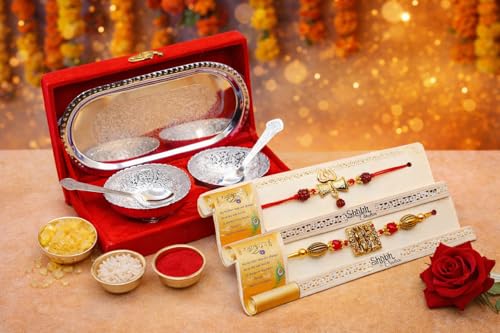 Image of Jaipur Ace Rakhi Gift Hamper for Bhaiya Bhabhi with Silver Plated Bowl Set, Pooja Thali, 2 Designer Rakhis, Roli Chawal, Raksha Bandhan Gift Set for Brother Bhabhi, Premium Rakhi Combo with Red Velvet Box