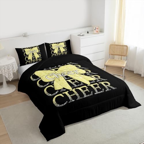 Image of Feelyou Cheer Bow Comforter Set All Season Cheerleader Bedding Set with 2 Pillow Cases Funny Sport Microfiber Kids Queen Bedclothes Yellow Bedroom Decor Duvet Quilt Breathable Soft Lightweight