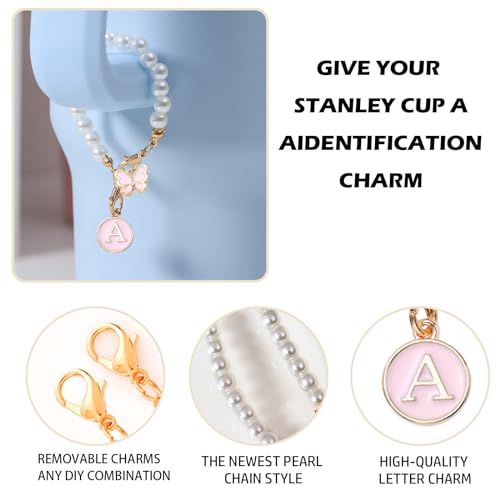 Image of Accessories for Stanley Cup Pearl Chain Initial Accessoriess for Handle Stuff Decor Water Bottle Jewelry Tumbler Cute Simple Modern Personalized Name ID Decorations Letter Pink Tag A