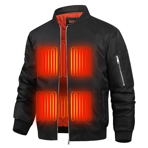 QXOOXQ Men’s Heated Bomber Jacket with 12V 20000mAh Battery – heated motorcycle jackets for men with 6 large heating zones.