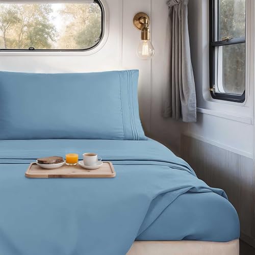 Nestl Blue Heaven Short Queen Sheets for RV, Hotel Luxury RV Queen Sheets Set, 4 Piece Fitted Bed Sheet Set and Pillowcases, Super Soft, Wrinkle-Free, and Breathable Camper Bedding