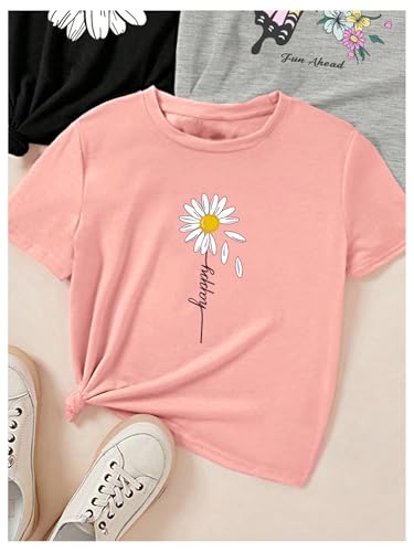 SweatyRocks Girl's 3 Pack Floral Graphic Tees Crew Neck Short Sleeve T Shirt Tops3