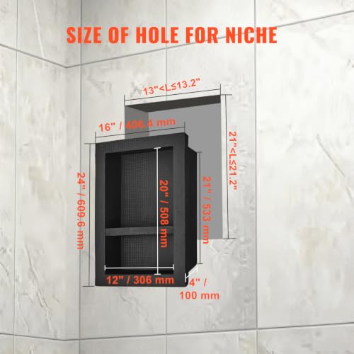 Image of VEVOR Shower Niche Ready for Tile 16 inch x 24 inch, Double Shelf Organizer, Square Corners Wall-inserted Niche Recessed, Sealed Protection Modern Soap Storage Niche for Shower Bathroom, Black