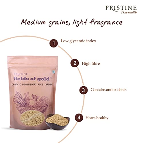 Image of PRISTINE Fields of Gold Organic Sonamasoori Rice (Brown), 1 kg (Pack of 2)