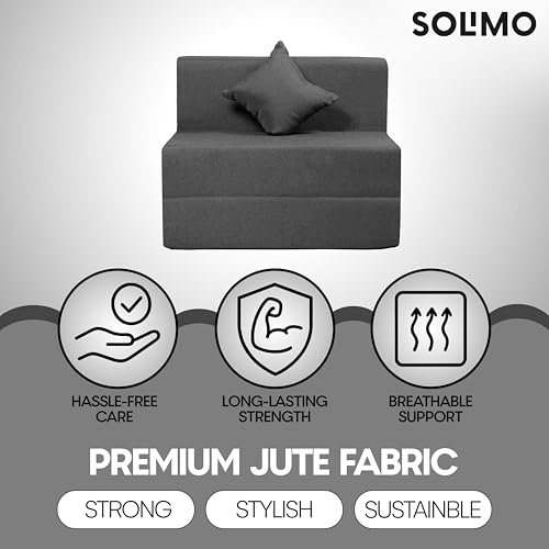 Image of Amazon Brand - Solimo 1 Seater 3 * 6 Jute Fabric Washable Cover Sofa Cum Bed with 1 Cushion 1 Seater Double Foam Fold Out Sofa Cum Bed (Finish Color - Grey Delivery Condition - Pre-Assembled)