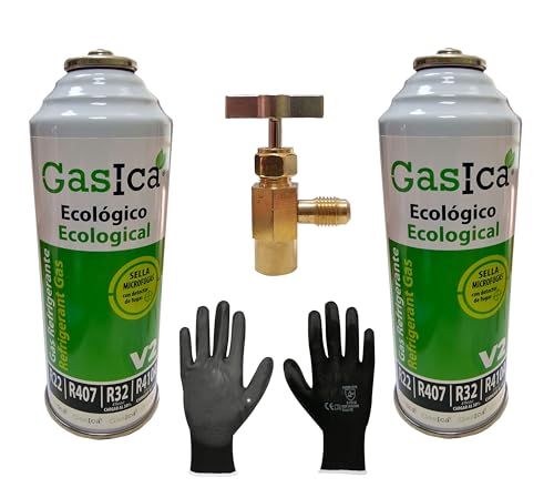Gasica V2 226g. Kit Recarga (2 Botella. + Racor + Guantes de Protección) Gas Refrigerante Ecológico Orgánico sustituto R22, R407, R32, R410A Y R290 para Recarga Aire acondicionado.