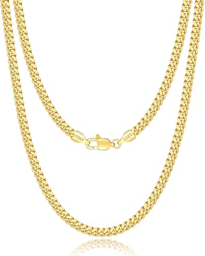 Image of 18k Gold Plated 925 Sterling Silver Chain Necklace for Men Women, 3.5mm, 4mm, 5mm Diamond Cut Cuban Link Chain, Sturdy & Shiny & Not Easy to Fade & Comfortable 16 18 20 22 24 26 Inches