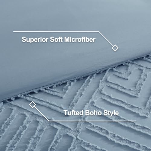 Image of Litanika Grayish Blue Oversized Queen Comforter, 3 Pieces Tufted Boho Farmhouse Bedding Comforter Sets, Lightweight Fluffy Comforter Bed Set for All Season (98x98In Comforter and 2 Pillowcases)