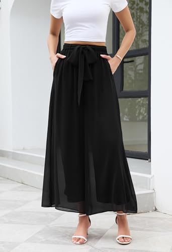 WANGZHI Women's Wide Leg Chiffon Dress Pant Elegant Party Elastic Waist Trouser with Pockets2