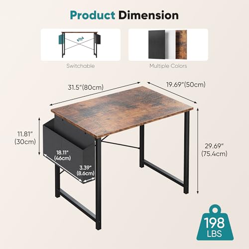 Image of OLIXIS Small Computer Desk, 31 Inch Gaming Desks for Home Office | Writing Study Craft Work Table, Computer Workstation for Bedroom Small Spaces with Storage Bag, Brown