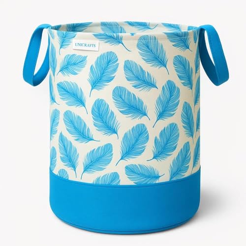Image of UNICRAFT Leaf Design Laundry Bag 45L (Blue, Pack of 1) | Foldable & Collapsible Laundry Basket with Handles | Durable Clothes & Toys Storage Organizer for Home, Bedroom, Bathroom & Travel