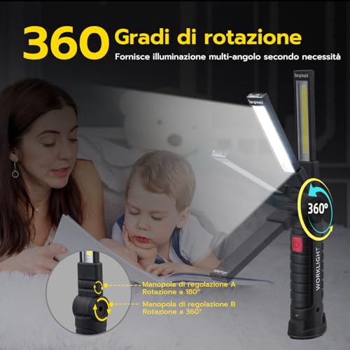 Tolesum Ricaricabile Torcia Led Tipo C,Lampada Da Lavoro Pieghevole E Magnetica, Usb Cob Lampade Di Ispezione, 5 Modalità Lanterne Per Campeggio Esterna Autofficina Lampada,Riparazione Auto Emergenza - 4