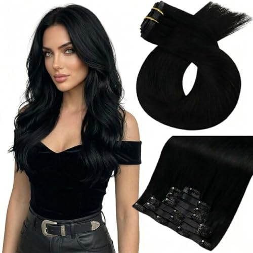 Moresoo Clip in Human Hair Extensions Jet Black 160g Seamless