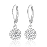 Sterling Silver Earrings Leverback Dangle Drop Earring for Women Cubic Zirconia Moissanite Small Round Halo Earing Hypoallergenic Jewelry for Wedding Bridal