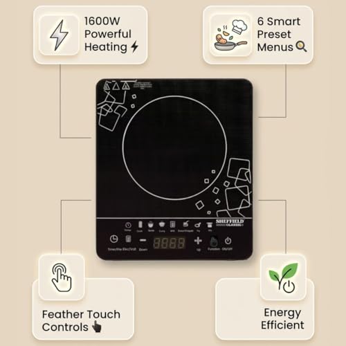 Image of SHEFFIELD CLASSIC 1600W Induction Cooktop with Touch Control | 6 Smart Preset Menus Portable Electric Stove | Energy Efficient Cooktop with Digital Display & Auto Shut-Off (Black)