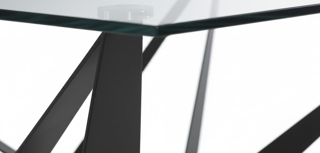 Table de salle à manger avec pieds métalliques noirs inclinés et plateau en verre trempé - 160 x 90 x 76 cm - Design moderne et industriel haute résistance