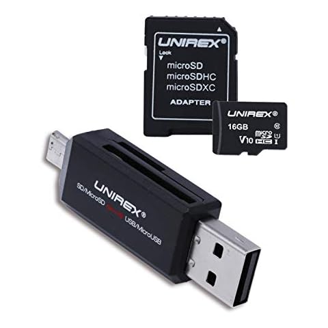 Unirex MSW-165S MicroSD Card with Full Sized Adapter and MicroSD/SD reader to Micro USB/USB, Works With Any Product with MicroSD or SD Card Slot, 16GB, Class 9 Cover