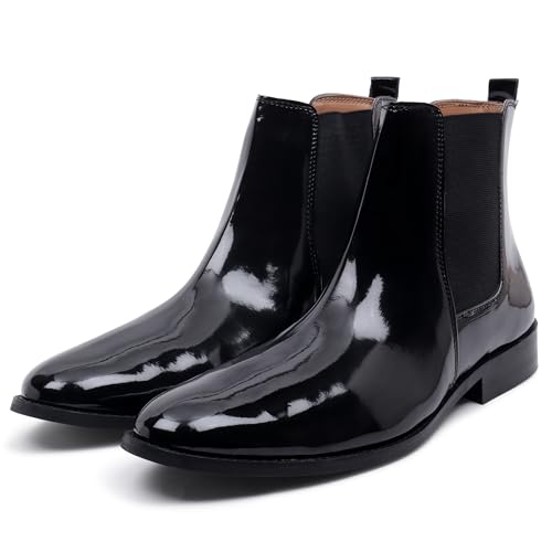 Image of LOZANO Italian Cut Black Patent Leather Chelsea Boots for Men | High Ankle Cuban Heel Square Toe Zip Closure Cushioned Insole Boot