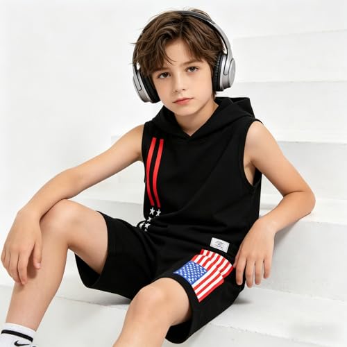 Image of Size 6-12 Years Boys Summer Clothes Hooded Sleeveless Tank Tops Workout Shorts 2 Piece Set Fashion Outfits