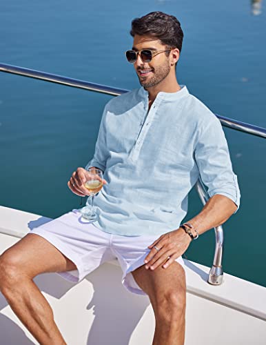 Jinidu Men's Cotton Linen Shirt Long Sleeve Henley Hippie Beach Wedding Yoga, Clear Blue, X-Large #TOP3
