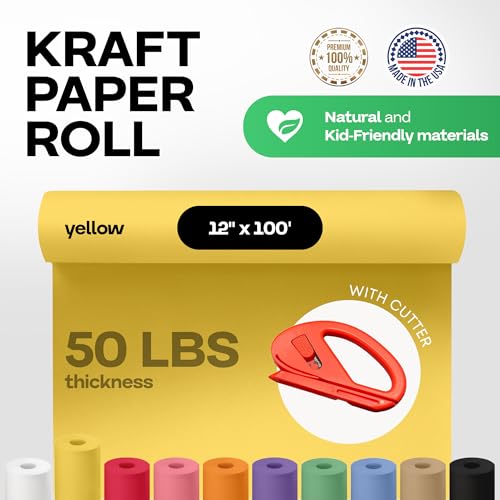 Image of Yellow Kraft Paper Roll 12 inch x 1200 inch (100 feet) with Cutter - USA-Made Wrapping Paper for Packing, Moving, Shipping & Crafts /Arts - 100% Recyclable Natural Craft Material by IDL Packaging