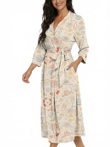 Image of VINTATRE Robes for Women Long Knit Bathrobe XS-4XL | 3 /4 Sleeve Bathrobes with Pockets, Stretchy and Lightweight Fabric, Inner Tie and Fixed Outer Matching Belt, Mid Calf Length