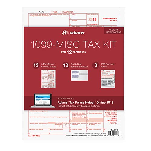 Adams 1099 MISC Forms 2019, 5 Part Tax Forms Kit, 12 Recipients Kit of Laser/Inkjet Forms, 3 1096 Summary Forms, 12 Self Seal Envelopes, Tax Forms Helper Online (TXA12518)