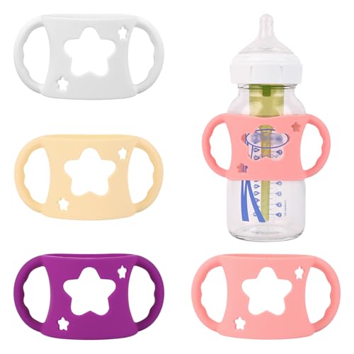 Image of 4 Pack Baby Bottle Handles, Silicone Bottle Handles for Dr Brown Wide-Neck Baby Bottles (White+Pink+Purple+Yellow)