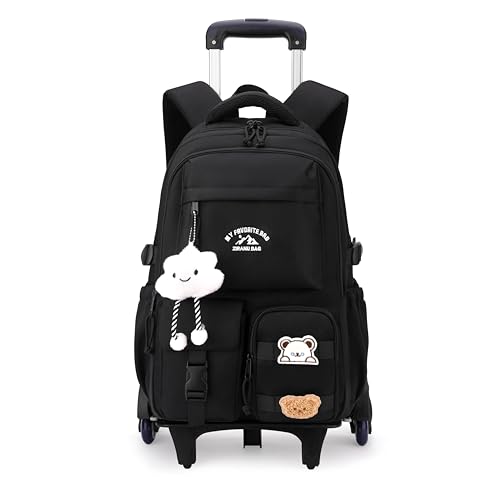 NIWEIYA Black Rolling Backpack with Wheels for Girls Boys, Kids Roller Wheeled Backpack Middle School Bag, Trolley Rolling Bookbag on 6 Wheels